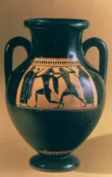 Attische schwarzfigurige Amphora, die Theseus und den Minotaurus darstellt, ca. 540-30 v. Chr.